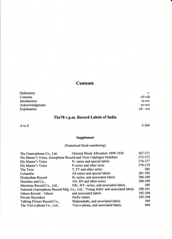 The 78 rpm Record Labels of India - Contents