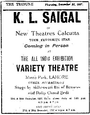 Advertisement for K.L. Saigal, The Tribune, 1937
