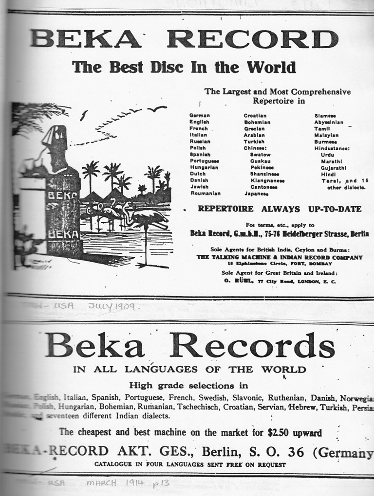 Beka Record, Indian Repertoire, 1909, 1914 Advertisement
