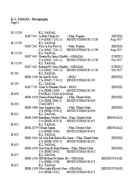 K.L. Saigal Discography by Michael Kinnear, Page 4