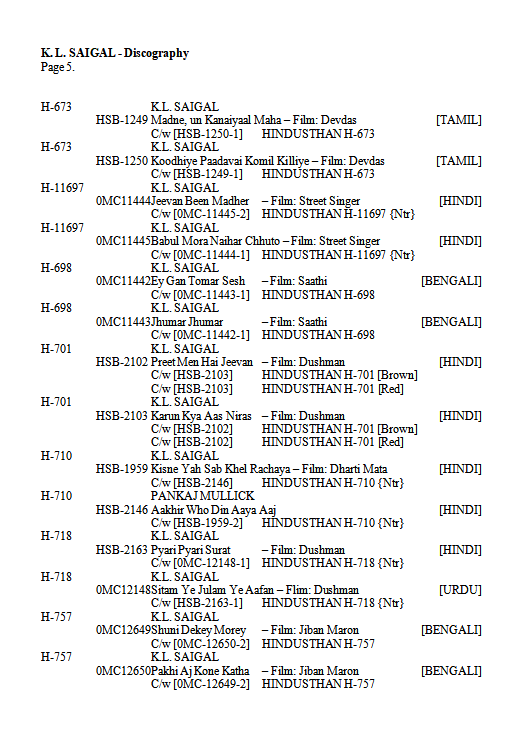 K.L. Saigal Discography by Michael Kinnear, Page 5