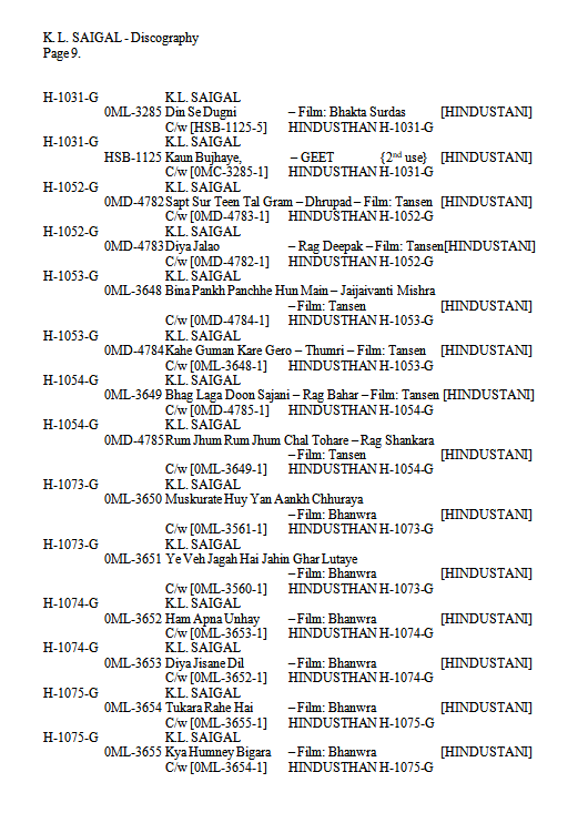 K.L. Saigal Discography by Michael Kinnear, Page 9