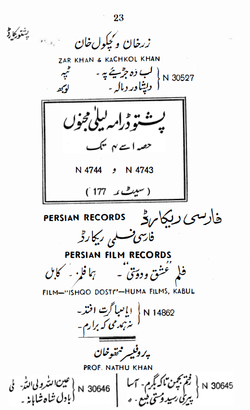 The Gramophone Company Ltd.'s Afghani Film Catalogue, December, 1946