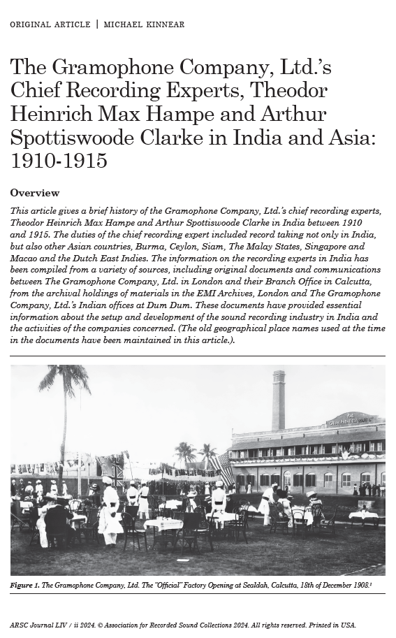 The Gramophone Company, Ltd.'s Chief Recording Experts, Theodor Heinrich Max Hampe and Arthur Spottiswoode Clarke in India and Asia: 1910-1915